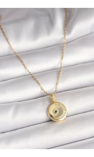 316L Çelik Gold Renk Zincir Zirkon Taş İşlemeli Hilal Yıldız İşlemeli Madalyon Model Kadın Kolye