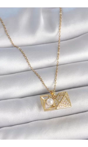 316L Çelik Gold Renk Zincir Zirkon Taşlı Açılır İncili Elmas Model Kadın Kolye