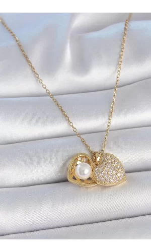 316L Çelik Gold Renk Zincir Zirkon Taşlı Açılır İncili Kalp Model Kadın Kolye