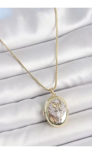 316L Çelik Gold Renk Zincir Zirkon Taşlı Anka Kuşu İşlemeli Açılır Model Kadın Kolye