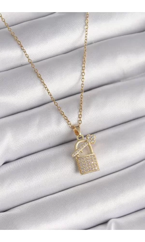 316L Çelik Gold Renk Zincir Zirkon Taşlı Asma Kilit Anahtar Model Kadın Kolye