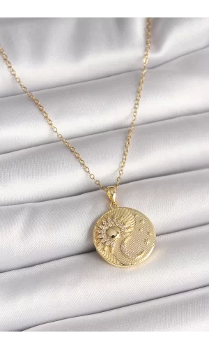 316L Çelik Gold Renk Zincir Zirkon Taşlı Ay Güneş İşlemeli Madalyon Model Kadın Kolye