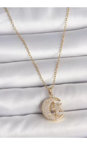 316L Çelik Gold Renk Zincir Zirkon Taşlı Ay Yıldız Model Kadın Kolye