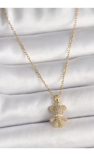 316L Çelik Gold Renk Zincir Zirkon Taşlı Ayıcık Figür Kadın Kolye