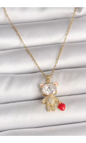 316L Çelik Gold Renk Zincir Zirkon Taşlı Ayıcık Model Kırmızı Kalp Detay Kadın Kolye