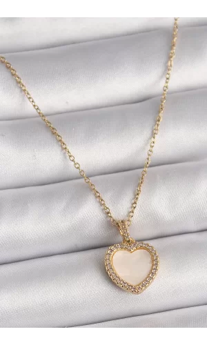 316L Çelik Gold Renk Zincir Zirkon Taşlı Beyaz Mineli Kalp Model Kadın Kolye
