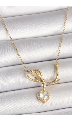 316L Çelik Gold Renk Zincir Zirkon Taşlı Düğüm Sallantı Kalp Model Kadın Kolye