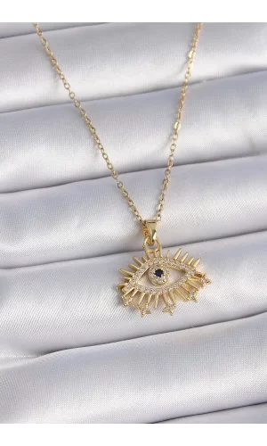 316L Çelik Gold Renk Zincir Zirkon Taşlı Göz Figür Kadın Kolye