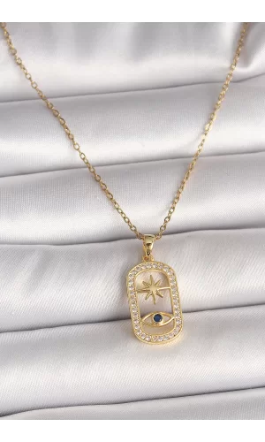 316L Çelik Gold Renk Zincir Zirkon Taşlı Göz Yıldız Model Kadın Kolye