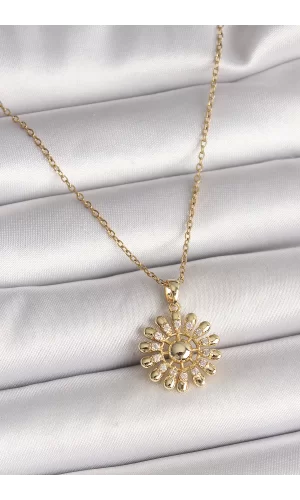 316L Çelik Gold Renk Zincir Zirkon Taşlı Güneş Model Kadın Kolye