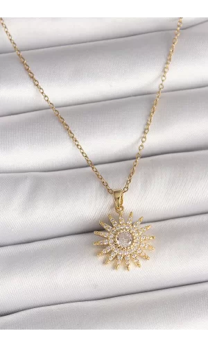 316L Çelik Gold Renk Zincir Zirkon Taşlı Güneş Model Kadın Kolye