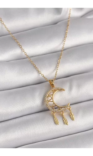 316L Çelik Gold Renk Zincir Zirkon Taşlı Hilal Model Sallantı Yaprak Detay Kadın Kolye
