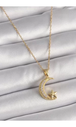 316L Çelik Gold Renk Zincir Zirkon Taşlı Hilal Model Yıldız Detay Kadın Kolye