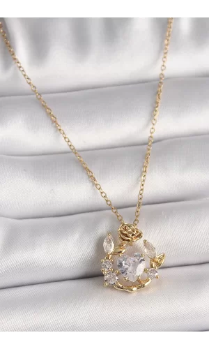 316L Çelik Gold Renk Zincir Zirkon Taşlı Kalp Model Gül Detay Kadın Kolye