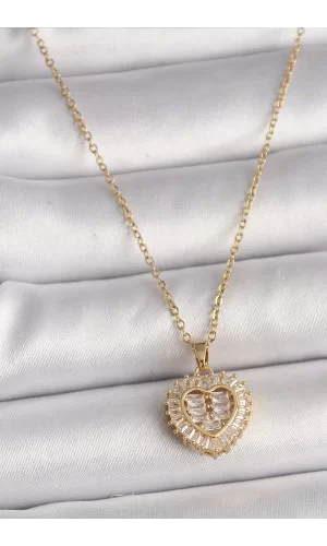 316L Çelik Gold Renk Zincir Zirkon Taşlı Kalp Model Kadın Kolye