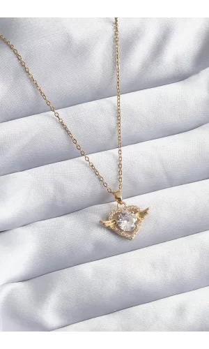 316L Çelik Gold Renk Zincir Zirkon Taşlı Kalp Model Kadın Kolye