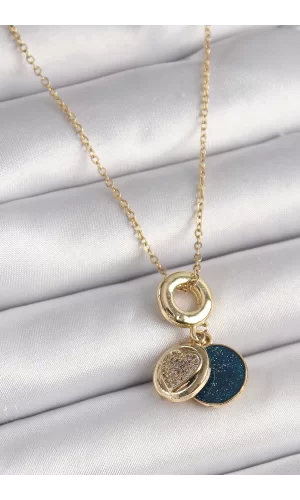 316L Çelik Gold Renk Zincir Zirkon Taşlı Kalp Model Mavi Simli Kadın Kolye