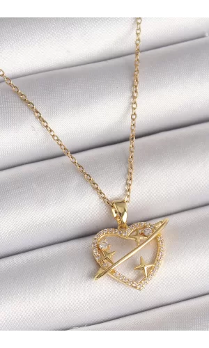 316L Çelik Gold Renk Zincir Zirkon Taşlı Kalp Model Yıldız Detay Kadın Kolye
