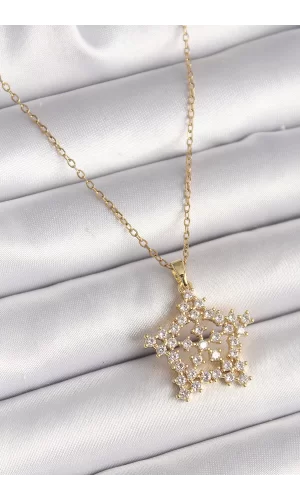 316L Çelik Gold Renk Zincir Zirkon Taşlı Kar Tanesi Model Kadın Kolye
