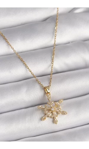 316L Çelik Gold Renk Zincir Zirkon Taşlı Kar Tanesi Model Kadın Kolye