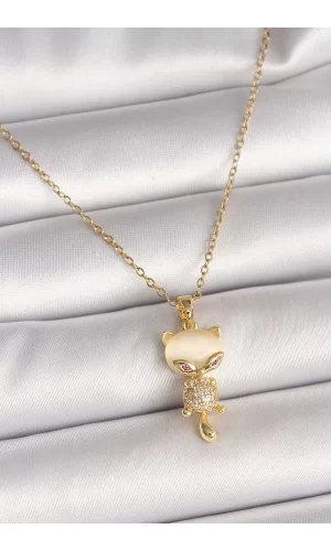 316L Çelik Gold Renk Zincir Zirkon Taşlı Kedi Model Kadın Kolye