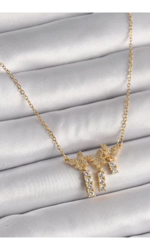 316L Çelik Gold Renk Zincir Zirkon Taşlı Kelebek Model Sallantı Detay Kadın Kolye