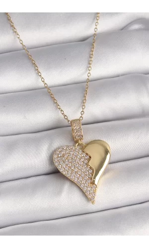 316L Çelik Gold Renk Zincir Zirkon Taşlı Kırık Kalp Model Kadın Kolye
