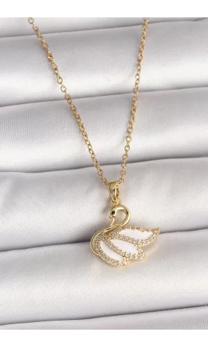 316L Çelik Gold Renk Zincir Zirkon Taşlı Kuğu Model Kadın Kolye