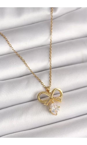 316L Çelik Gold Renk Zincir Zirkon Taşlı Kurdele Model Kadın Kolye