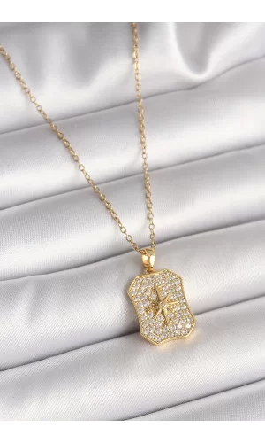 316L Çelik Gold Renk Zincir Zirkon Taşlı Kutup Yıldız İşlemeli Madalyon Model Kadın Kolye