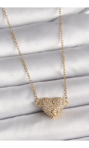 316L Çelik Gold Renk Zincir Zirkon Taşlı Mıknatıslı Kalp Model Kadın Kolye