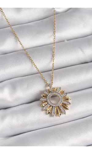 316L Çelik Gold Renk Zincir Zirkon Taşlı Mix Renk Güneş Model Kadın Kolye