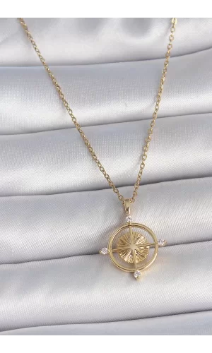 316L Çelik Gold Renk Zincir Zirkon Taşlı Pusula Model Kadın Kolye