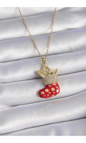 316L Çelik Gold Renk Zincir Zirkon Taşlı Yılbaşı Temalı Kırmızı Noel Çorabı Figür Kadın Kolye