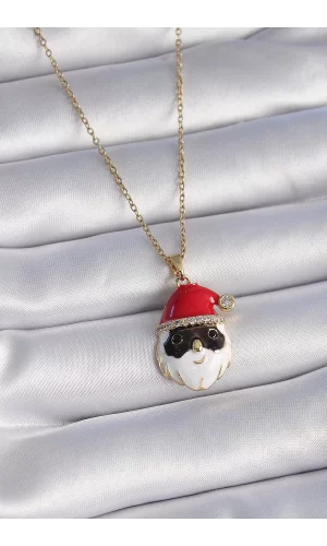 316L Çelik Gold Renk Zincir Zirkon Taşlı Yılbaşı Temalı Noel Baba Figür Kadın Kolye