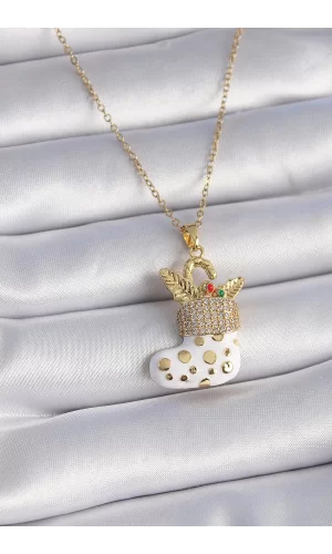 316L Çelik Gold Renk Zincir Zirkon Taşlı Yılbaşı Temalı Noel Çorabı Figür Kadın Kolye