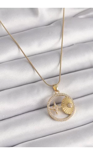 316L Çelik Gold Renk Zincir Zirkon Taşlı Yıldız İşleme Madalyon Model Kadın Kolye