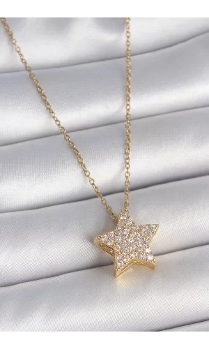316L Çelik Gold Renk Zincir Zirkon Taşlı Yıldız Model Kadın Kolye