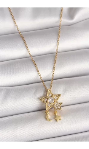 316L Çelik Gold Renk Zincir Zirkon Taşlı Yıldız Model Sallanı Ay Yıldız Detay Kadın Kolye