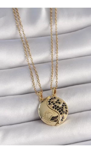 316L Çelik Gold Renk Zincir Zirkon Taşlı Ying Yang Model Gün Batımı İşlemeli Arkadaşlık Kadın Kolye