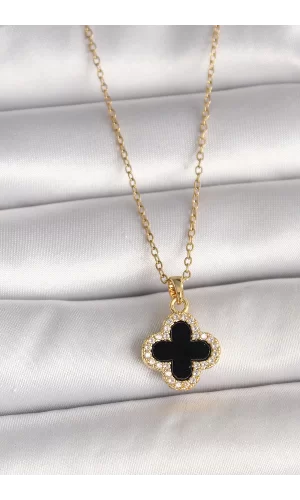 316L Çelik Gold Renk Zincir Zirkon Taşlı Yonca Model Kadın Kolye