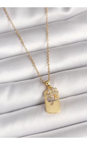 316L Çelik Gold Renk Zincir Zirkon Taşlı Yonca Model Kadın Kolye