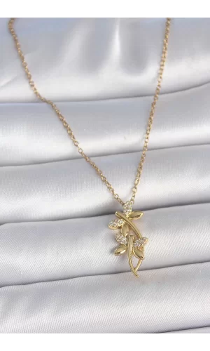 316L Çelik Gold Renk Zincir Zirkon Taşlı Yusufçuk Model Kadın Kolye