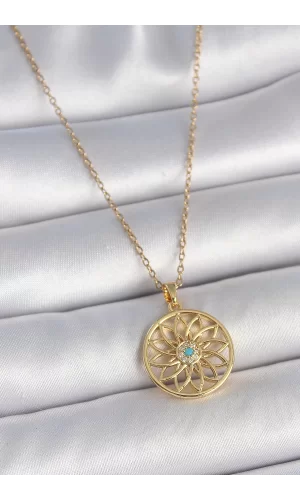 316L Çelik Gold Renk Zincr Mavi Taşlı Lotus Model Kadın Kolye