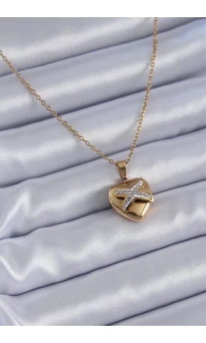 316L Çelik Gold Renk Zirkon Detay Kalp Model Kadın Kolye