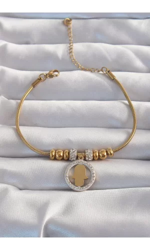 316L Çelik Gold Renk Zirkon Taş Aksesuarlı Fatma Ana Eli Bileklik