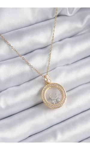 316L Çelik Gold Renk Zirkon Taş Detay Ay Yıldız Fanus Model Kadın Kolye