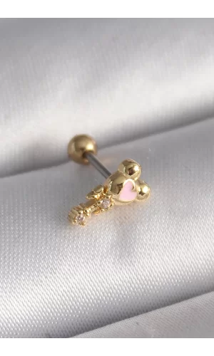 316L Çelik Gold Renk Zirkon Taş Detay Pembe Kalp İşleme Tragus Piercing