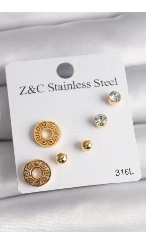 316L Çelik Gold Renk Zirkon Taşı Labirent Model Kadın Küpe Seti