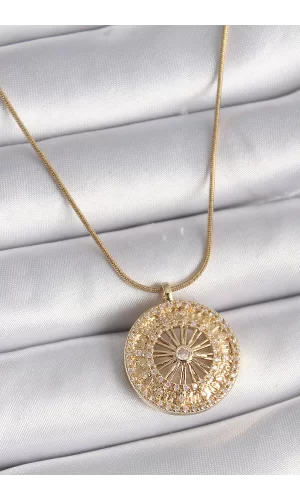 316L Çelik Gold Renk Zirkon Taşlı 12 Burç Madalyon Model Kadın Kolye